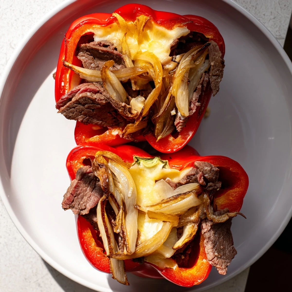 Juicy Philly cheesesteak stuffed peppers with melted provolone and sautéed onions, served fresh for a low-carb dinner.