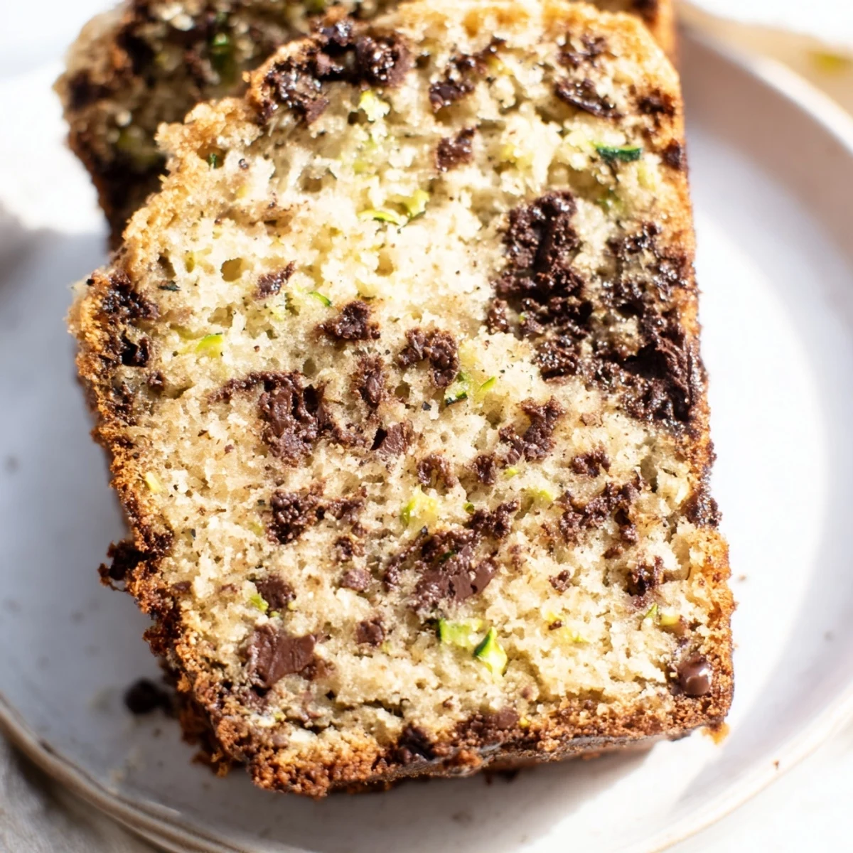 A whole loaf of Chocolate Chip Zucchini Bread rests on a rustic wooden board, showcasing its crackly top. 