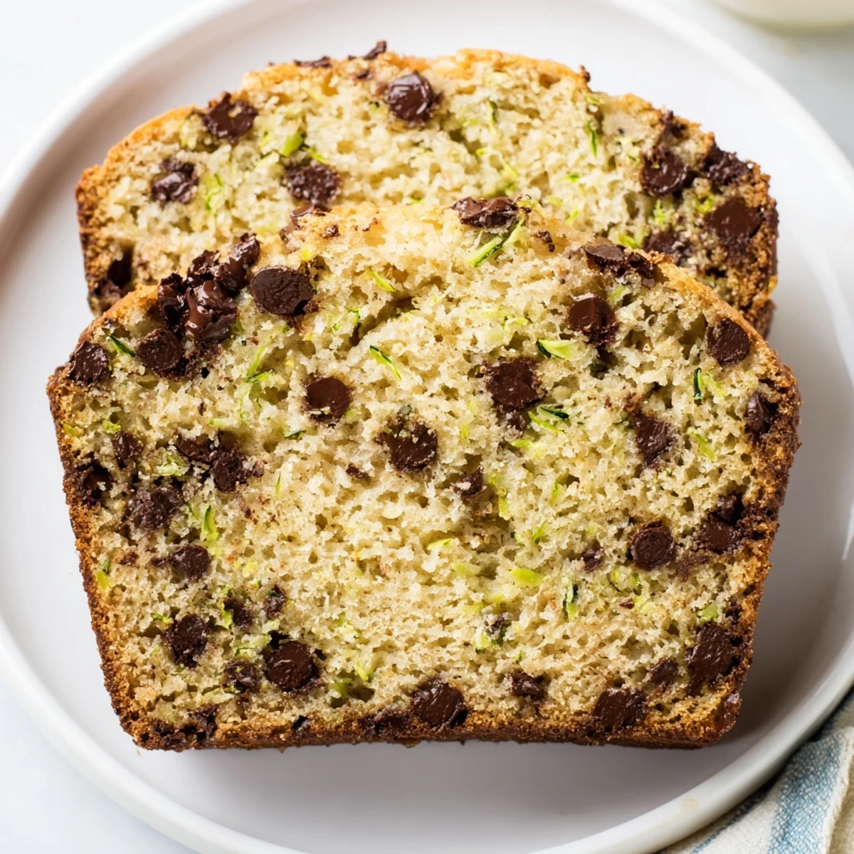 Golden-brown Chocolate Chip Zucchini Bread slices show melted chocolate pooling in a moist, tender crumb. 