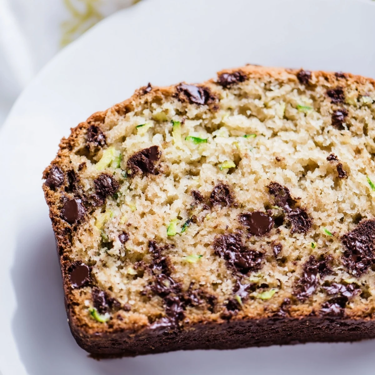Freshly baked Chocolate Chip Zucchini Bread sits beside a steaming mug of coffee on a cozy breakfast table.