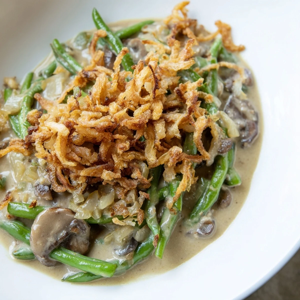Golden, crispy fried onions crown tender green beans in a creamy mushroom sauce in this Green Bean Casserole.