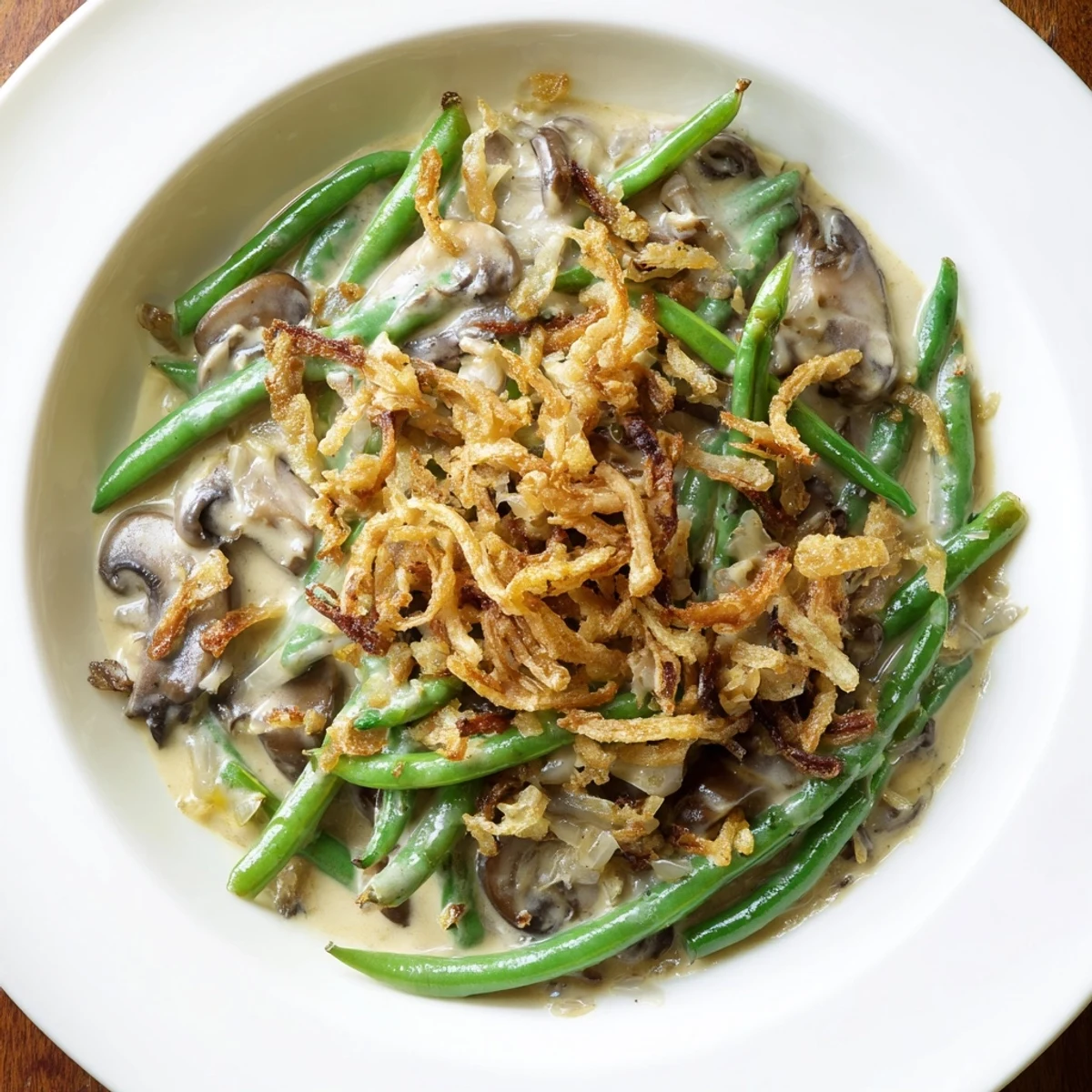 The baked Green Bean Casserole emerges bubbling from the oven with a rich, savory aroma.