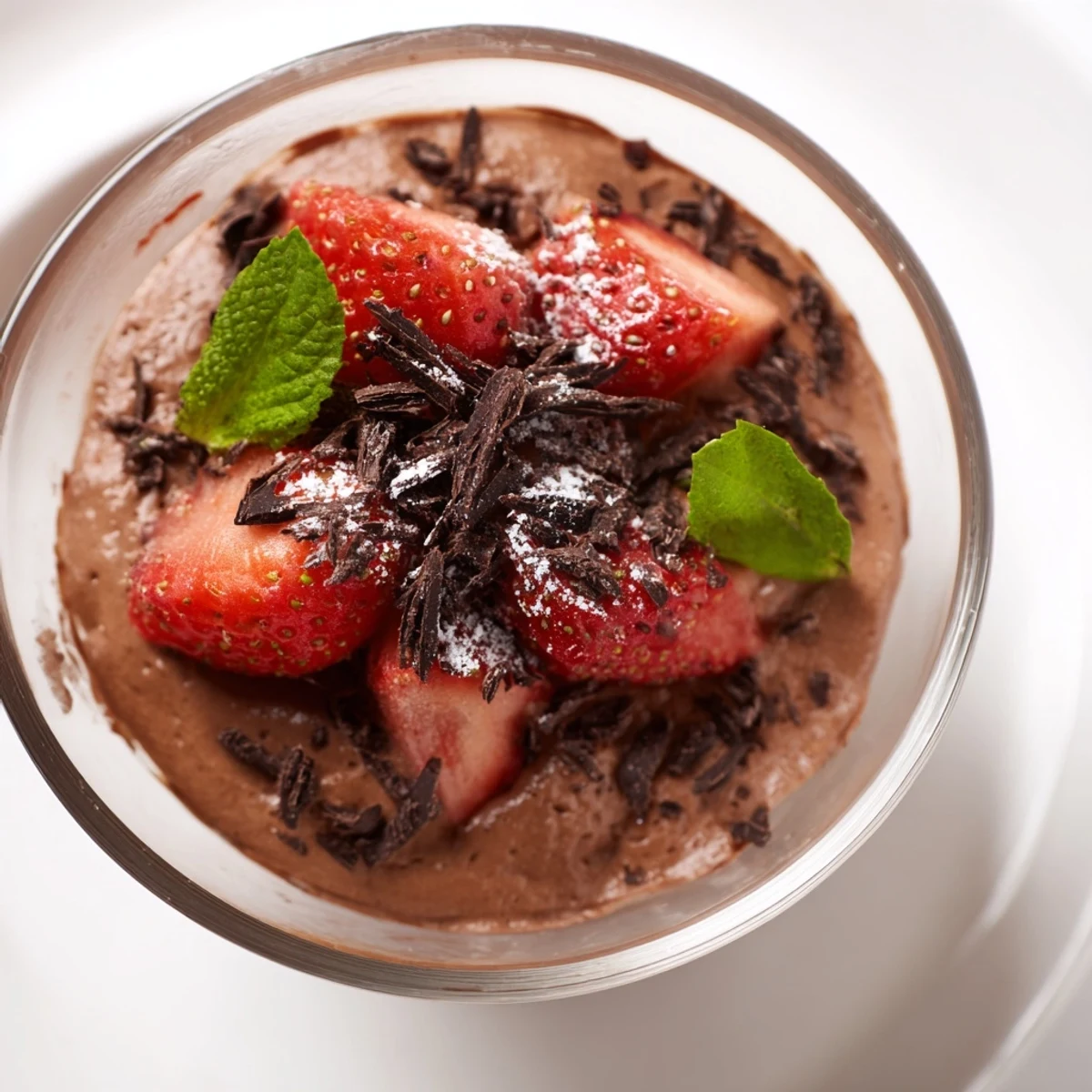 Creamy Chocolate Mousse with Strawberries served in a clear glass for a beautiful layered presentation.