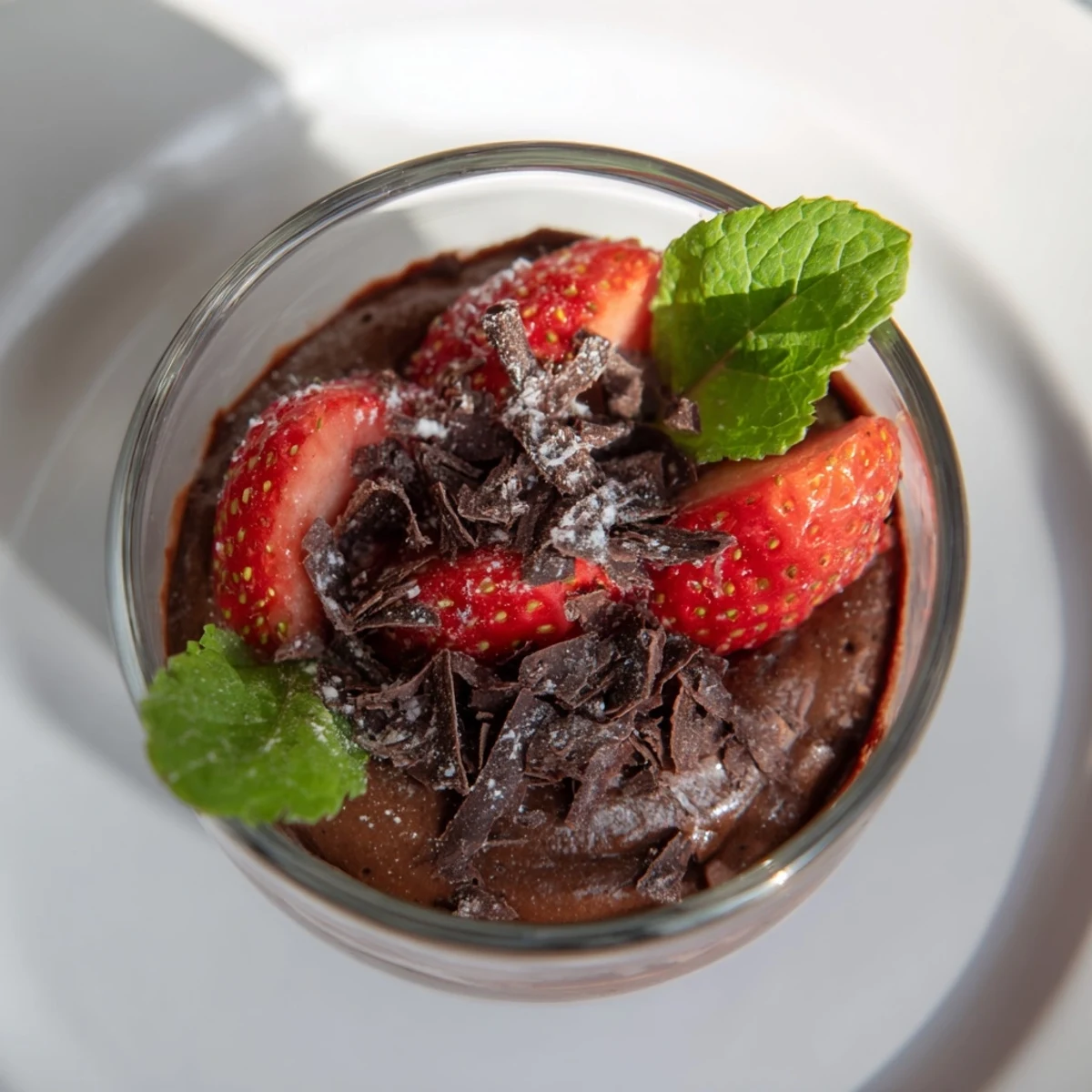 Decadent Chocolate Mousse with Strawberries garnished with fresh mint and shaved chocolate for an elegant finish.