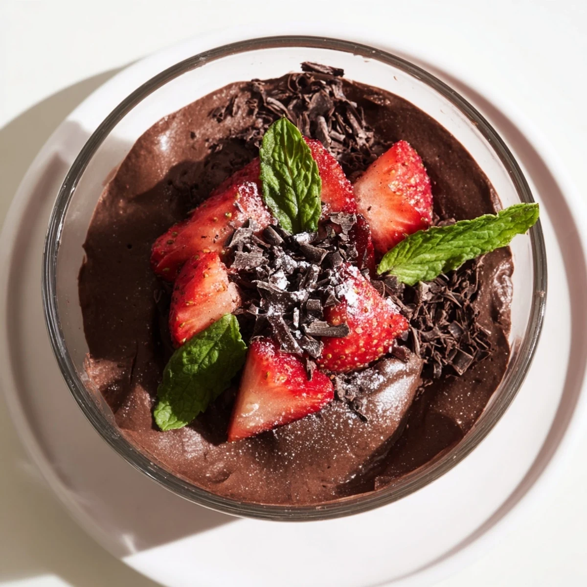 Silky Chocolate Mousse with Strawberries in a rustic bowl, perfect for a cozy dessert after dinner.