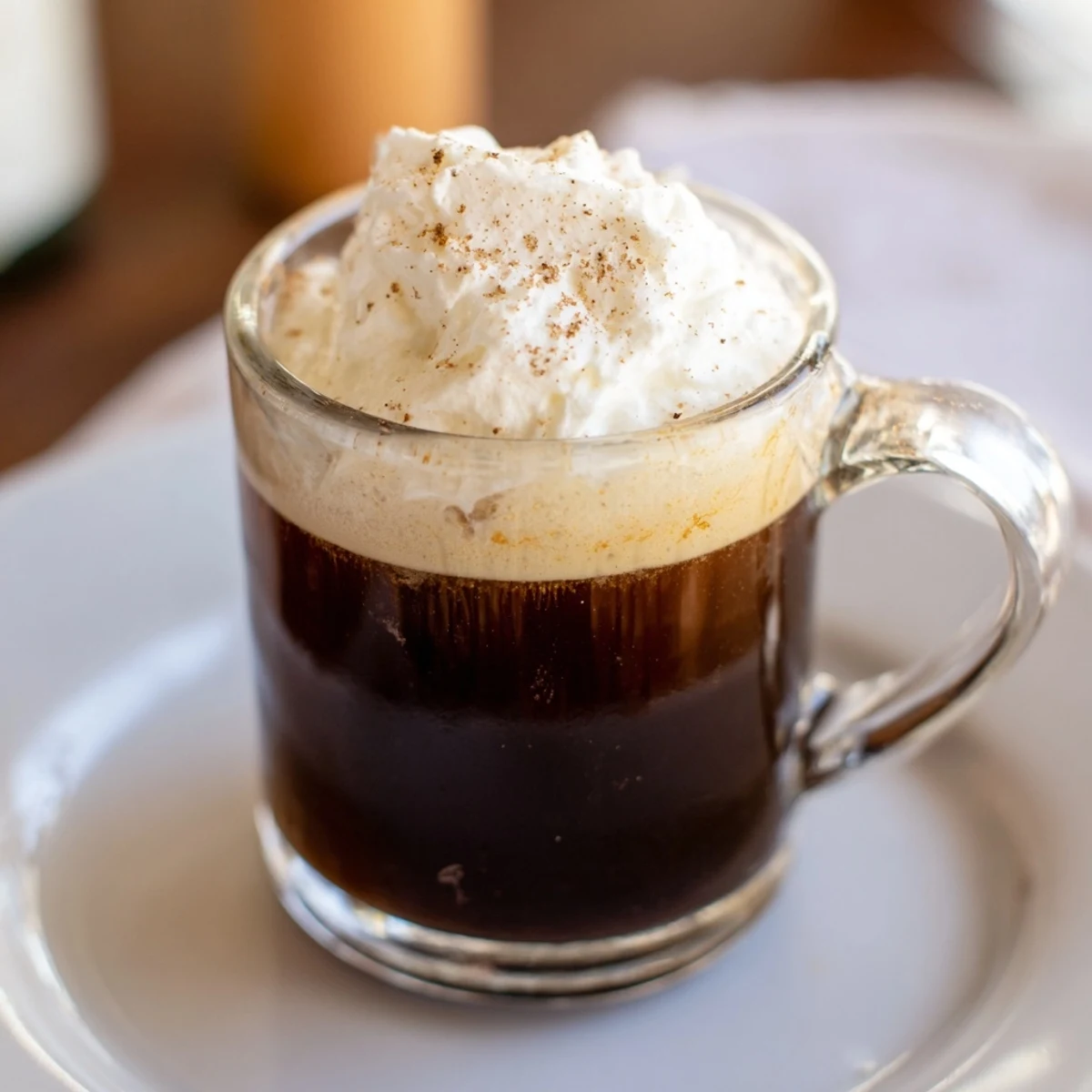 A steaming glass of Irish Coffee Mocktail with Whipped Cream, garnished with cinnamon and nutmeg on a cozy table.