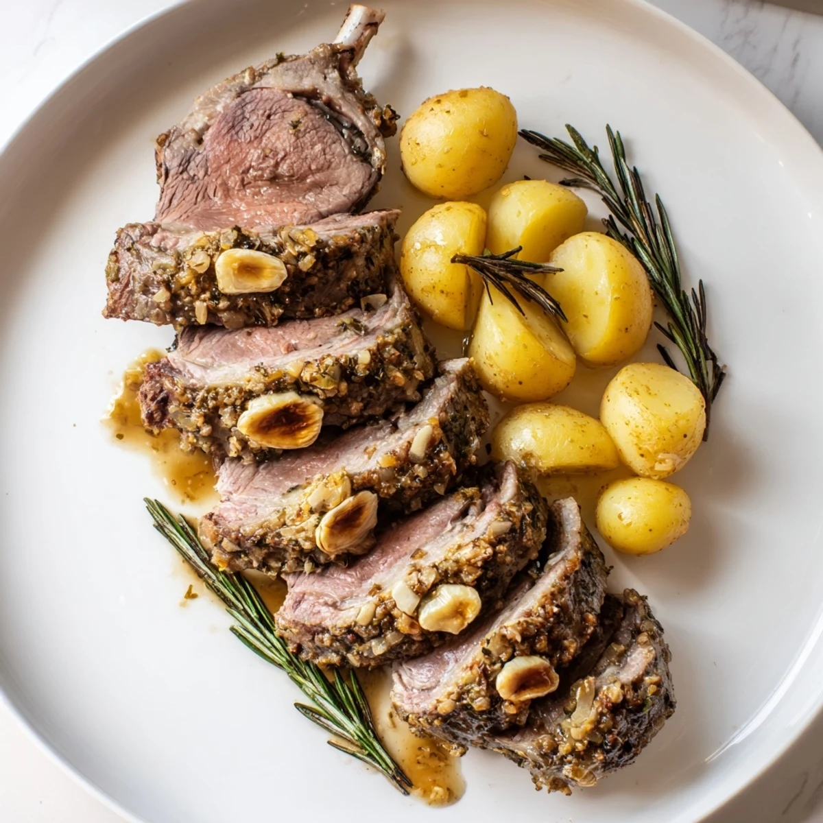 Golden roasted leg of lamb with crispy potatoes, garnished with fresh rosemary and served as a main dish for a special dinner.