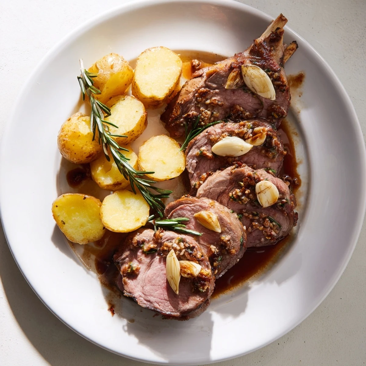Succulent roasted leg of lamb resting beside golden potatoes, with pan juices ready for a flavorful serving suggestion.