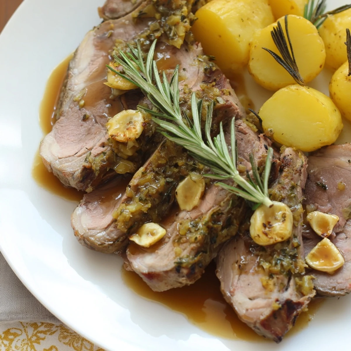 A close-up of herb-crusted roasted leg of lamb alongside tender, browned potatoes, perfect for a gluten-free feast.