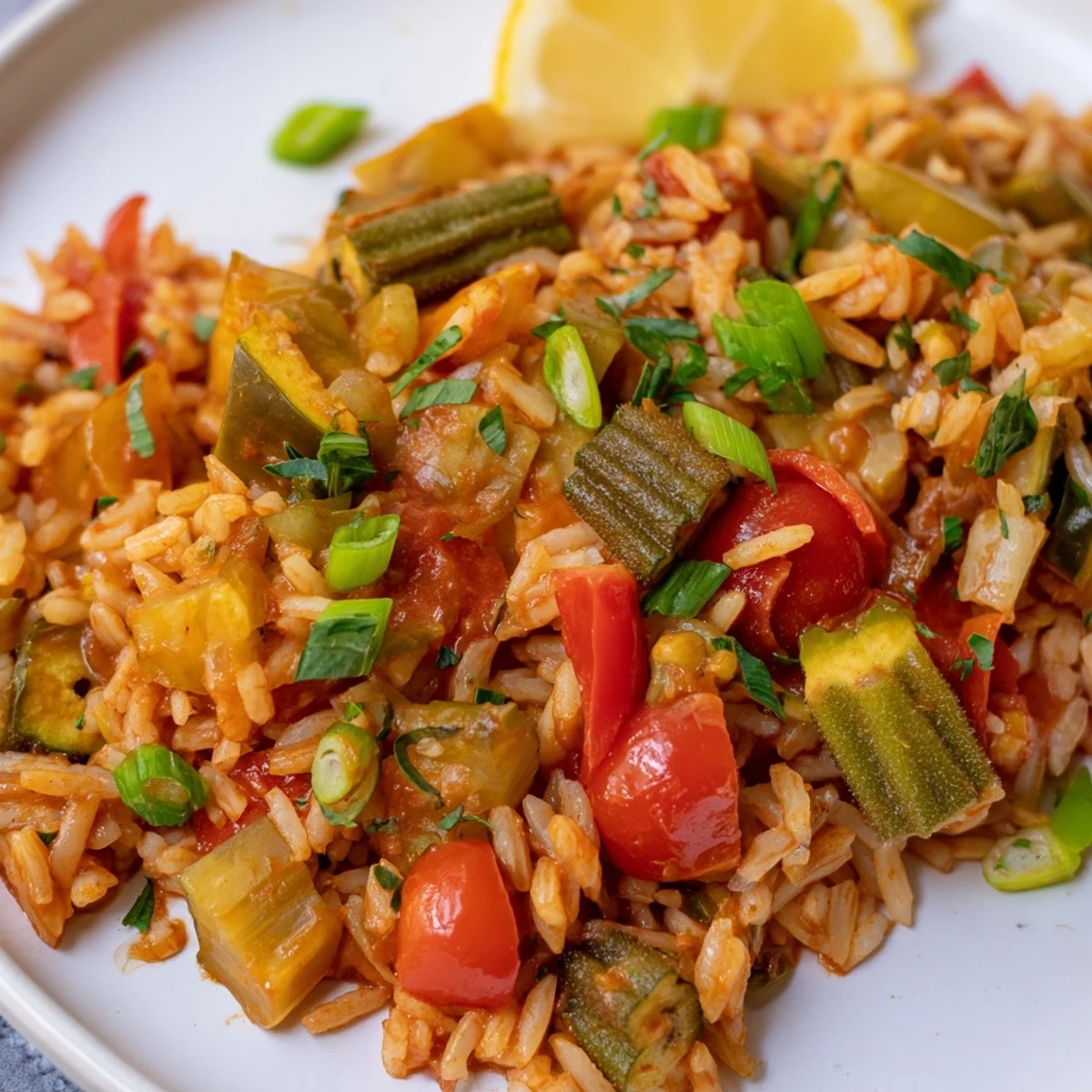 A bowl of Mardi Gras Veggie Jambalaya features fluffy rice mixed with bell peppers, zucchini, and tomatoes in a rich, spicy broth.