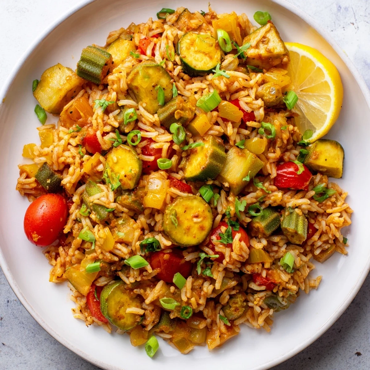 Mardi Gras Veggie Jambalaya in a white bowl shows sautéed onions, celery, green peppers, and garnished with fresh parsley and lemon wedges.