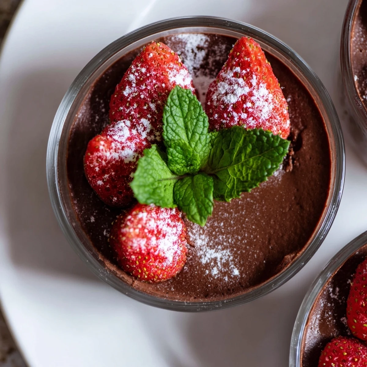 Velvety Chocolate Mousse with Fresh Strawberries layered in a glass, garnished with mint for an elegant dessert.