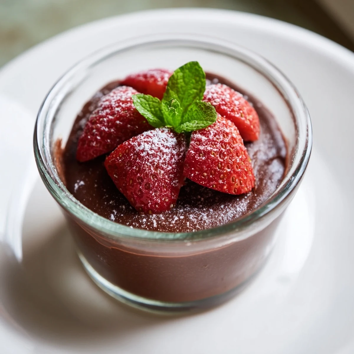 Spoon-ready Chocolate Mousse with Fresh Strawberries topped with sweet berries on a rustic kitchen table.