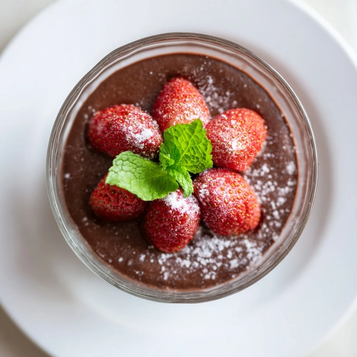 Rich Chocolate Mousse with Fresh Strawberries served chilled in a ramekin, paired with a glass of dessert wine.