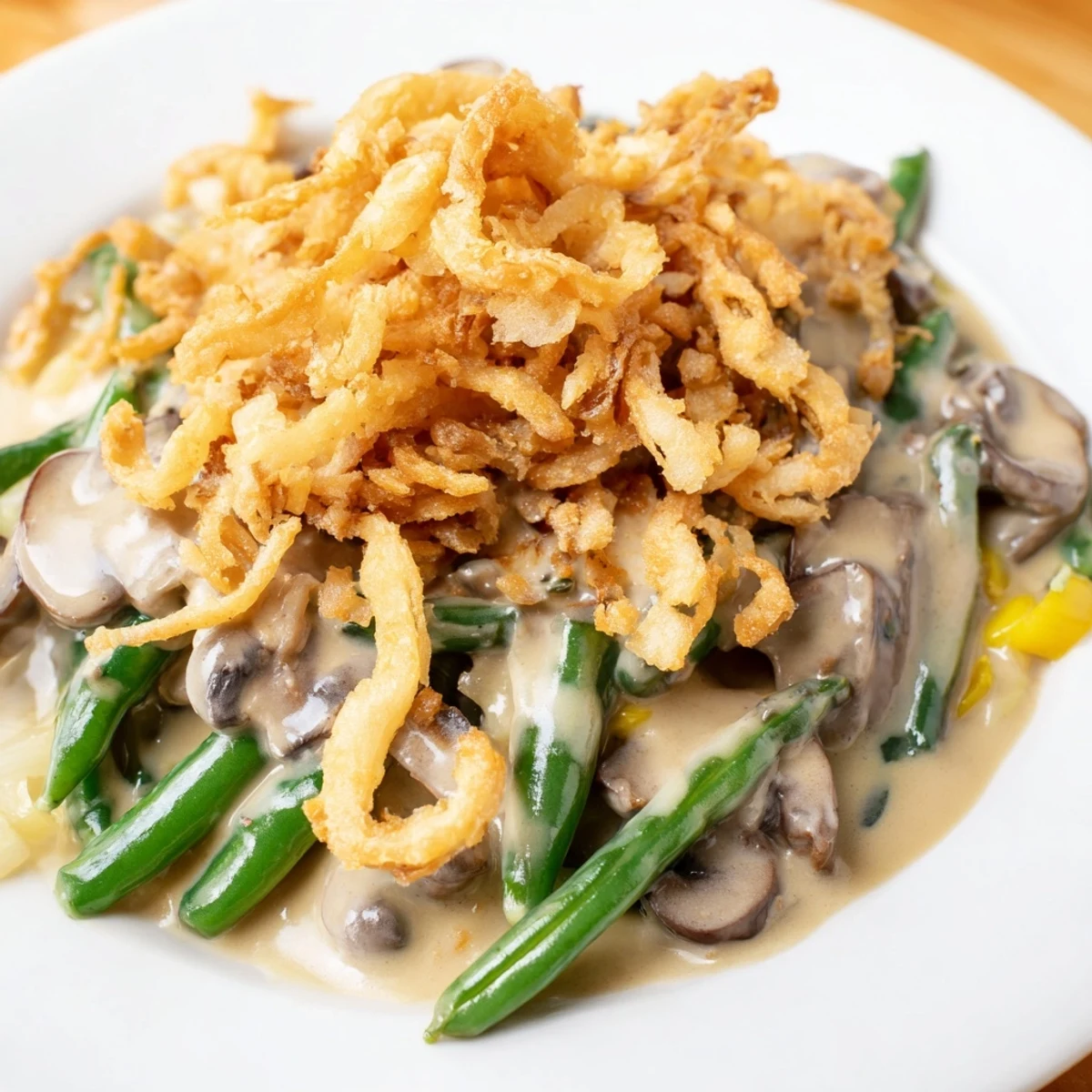 Fresh green beans coated in creamy mushroom sauce, topped with crispy fried onions in a baked Green Bean Casserole.