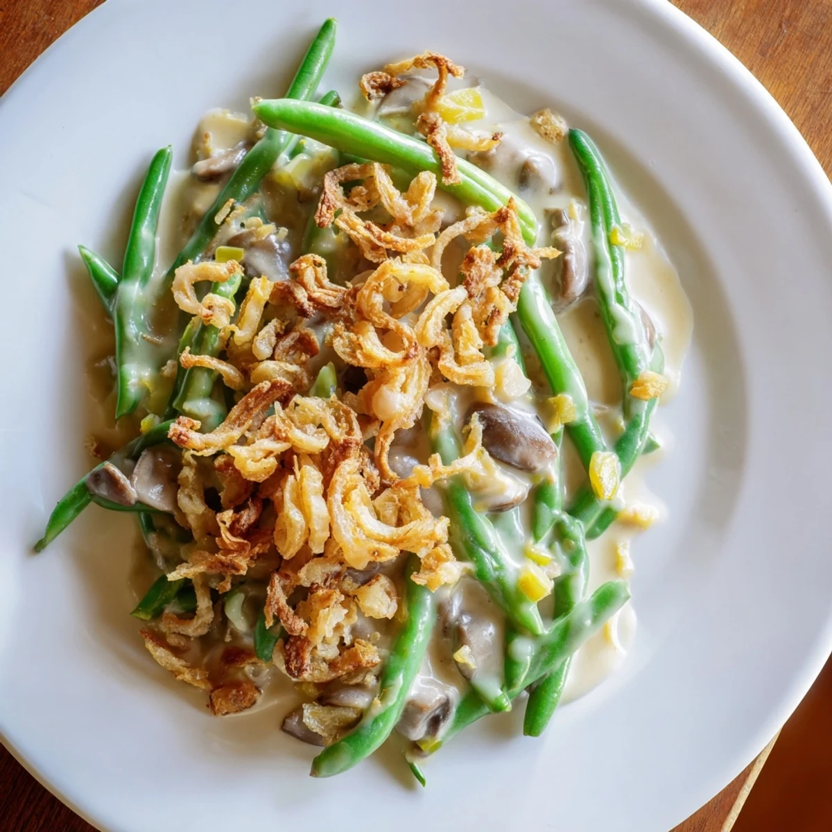 Golden baked Green Bean Casserole with tender beans and crunchy onions, served in a white casserole dish.