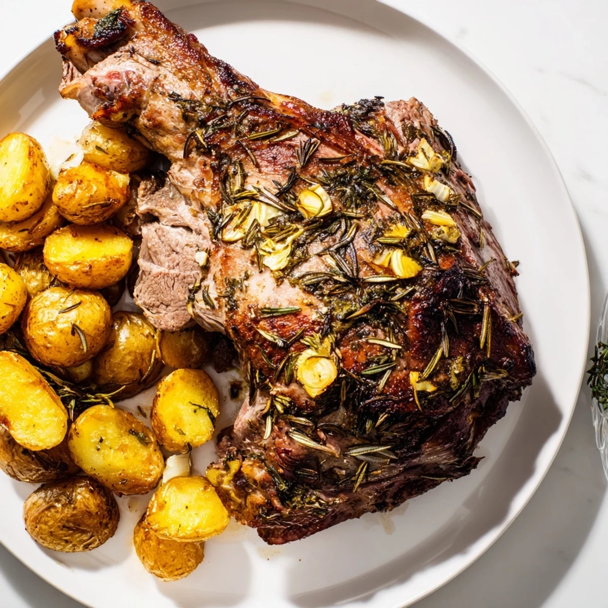 Golden roasted leg of lamb with crispy potatoes and fresh rosemary on a rustic platter.