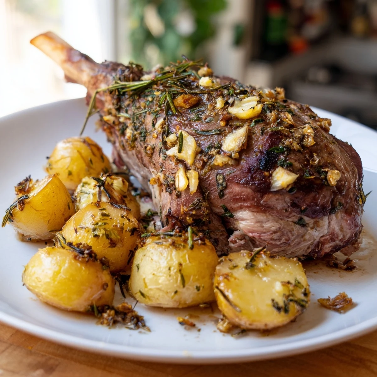 A juicy roasted leg of lamb surrounded by golden potatoes and aromatic herbs on a table.