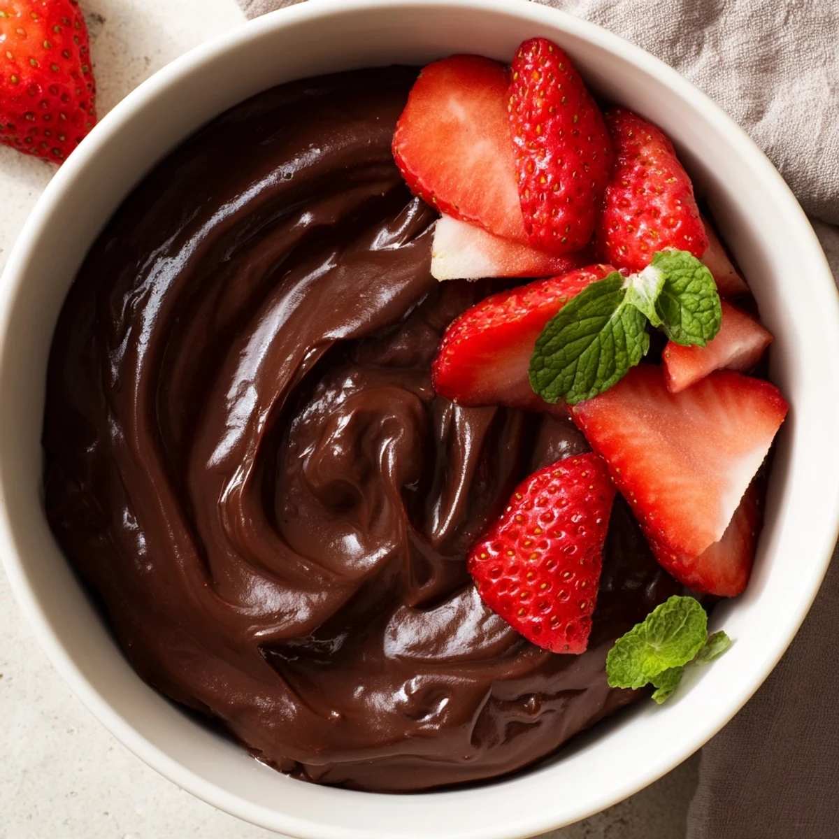 Decadent chocolate mousse topped with halved fresh strawberries and a hint of powdered sugar, ready to enjoy.