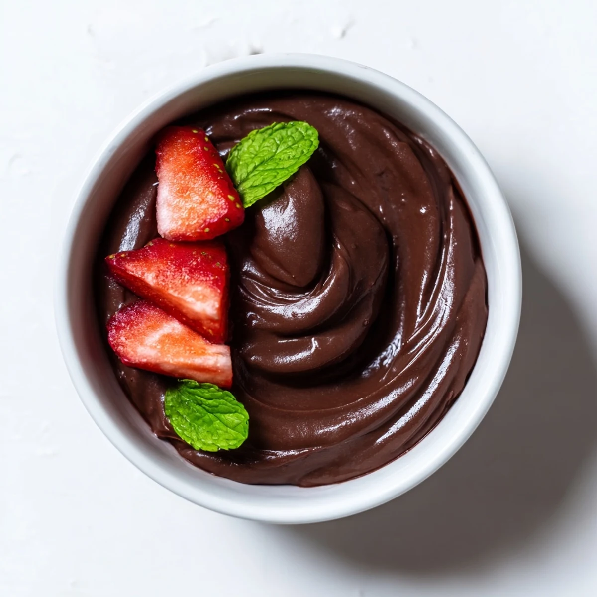 Chocolate Mousse with Fresh strawberries is served in elegant glasses on a marble counter with soft lighting.