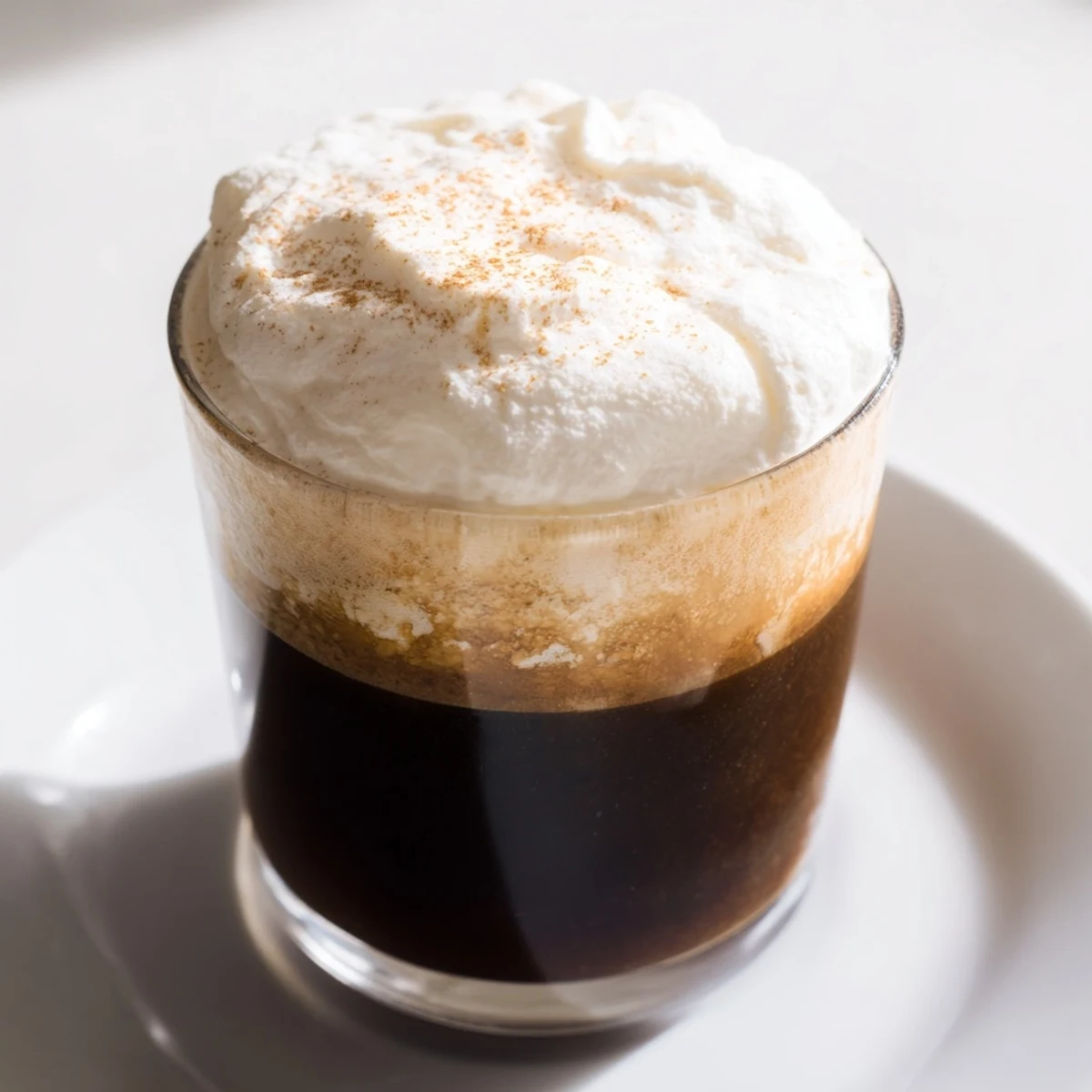 A photo of Irish Coffee Mocktail with Whipped Cream in a glass with rich black coffee and fluffy white topping.