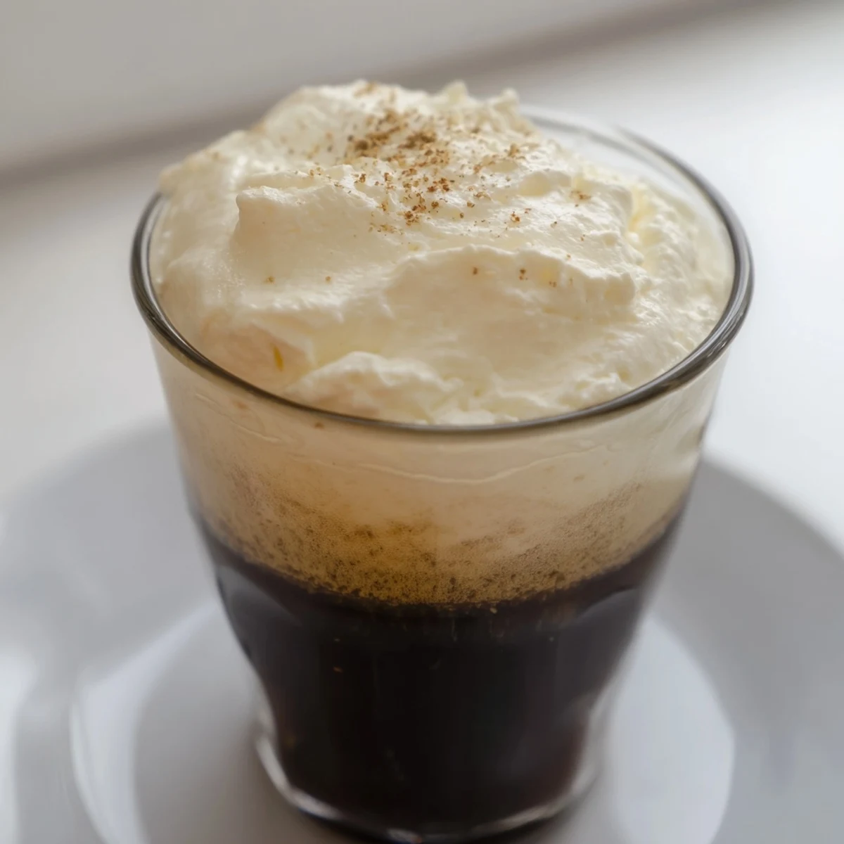 The warm Irish Coffee Mocktail with Whipped Cream is topped with a cloud of cream and a dusting of cocoa powder.