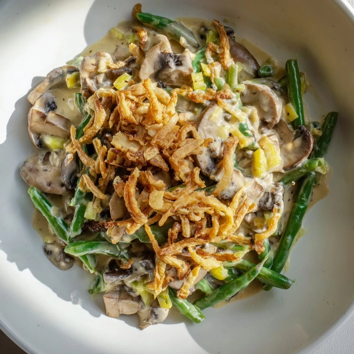A close-up of Green Bean Casserole with Crispy Onions, featuring a creamy mushroom-coated bean mixture topped with golden, crunchy fried onions.