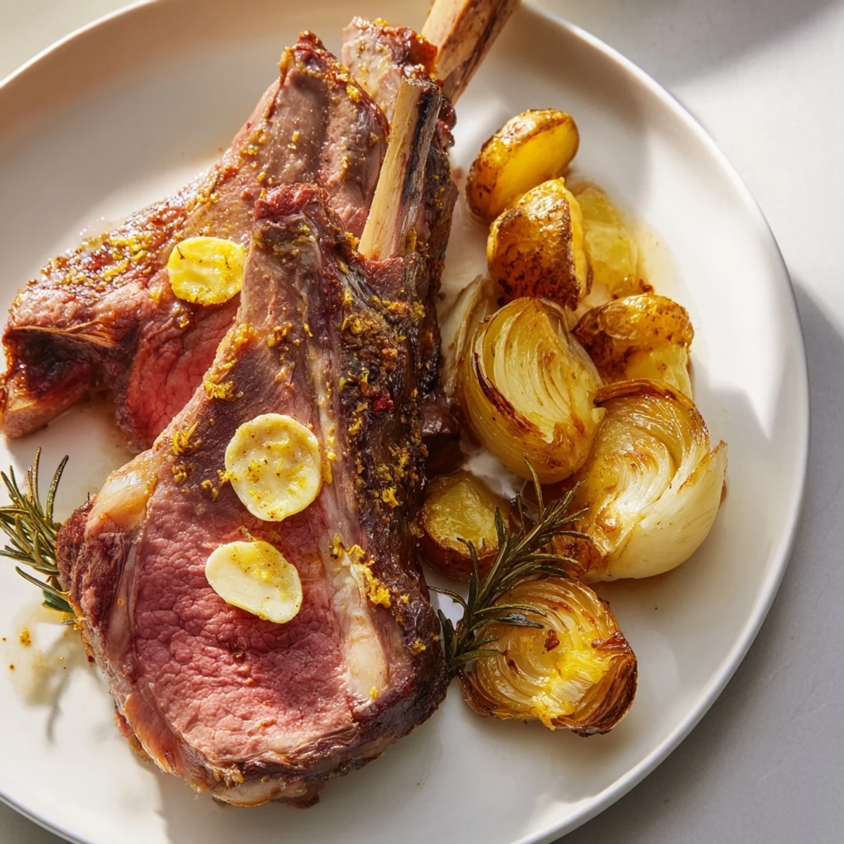 Golden roasted leg of lamb with rosemary and garlic sits beside crispy potatoes in a roasting pan, glistening with pan juices.