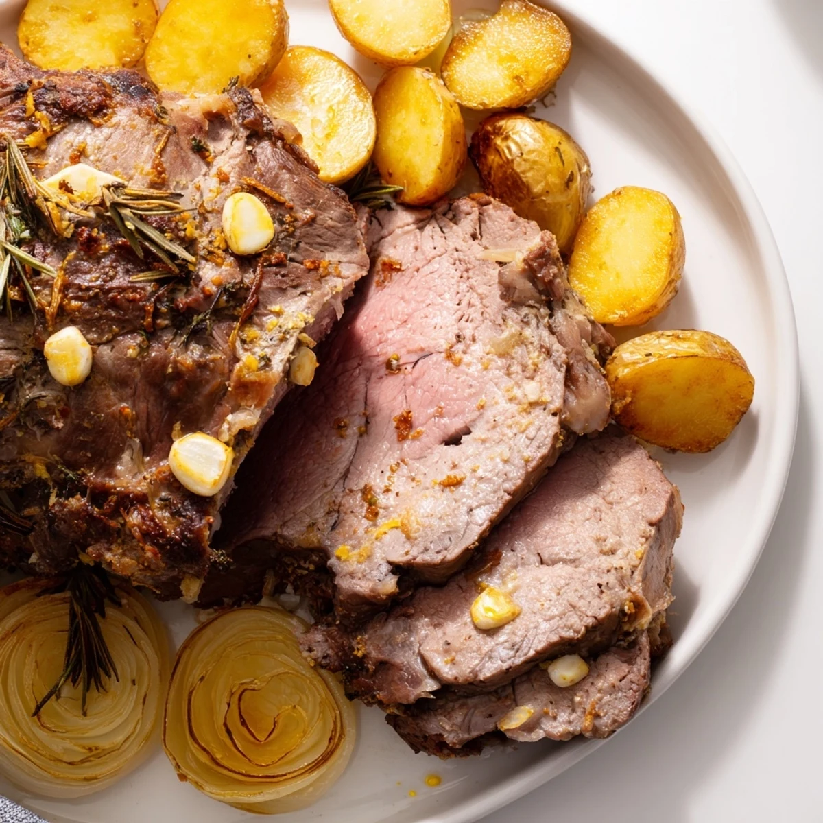 Sliced roast leg of lamb reveals pink, tender meat alongside crispy roasted potatoes, drizzled with savory pan sauce.