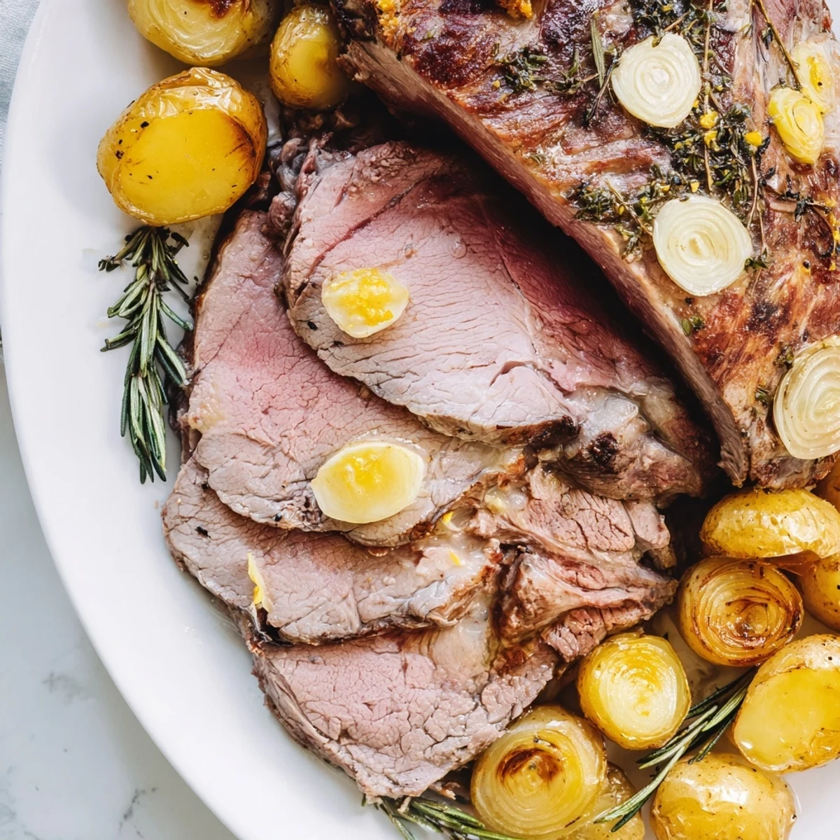 A juicy leg of lamb roasted with herbs and garlic is served with golden brown potatoes, perfect for a Sunday dinner.