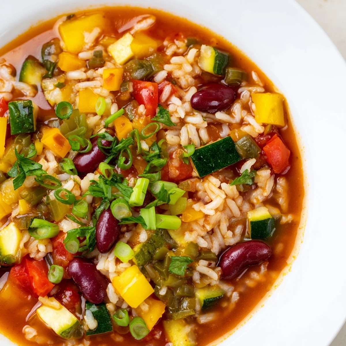 A vibrant bowl of Mardi Gras Veggie Jambalaya with Beans, featuring red beans, rice, and colorful peppers topped with fresh parsley and green onions.