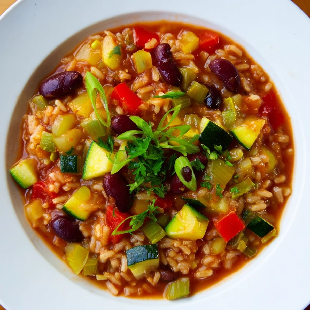 A large pot of Mardi Gras Veggie Jambalaya with Beans showcases the hearty mix of kidney and black beans in a rich, spiced Creole tomato broth.