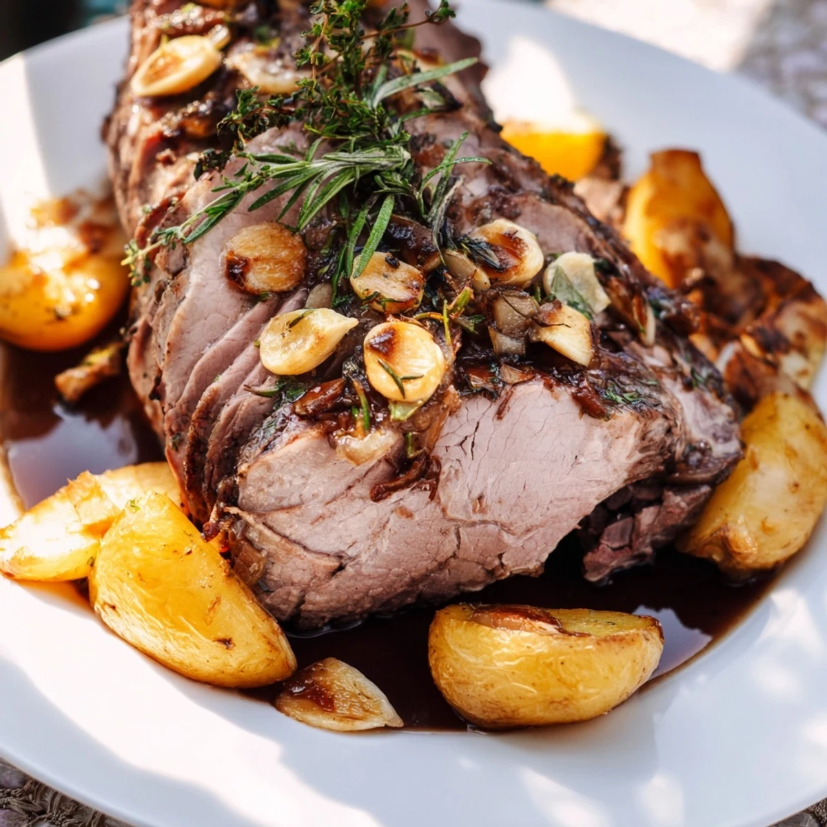 Juicy slices of Roasted Leg of Lamb with Potatoes rest beside rosemary sprigs on a rustic wooden board.