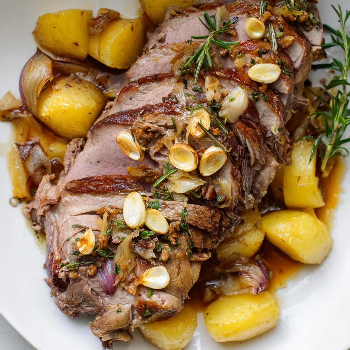 A close-up of Roasted Leg of Lamb with Potatoes shows garlic herbs and pan drippings for a comforting Sunday dinner.