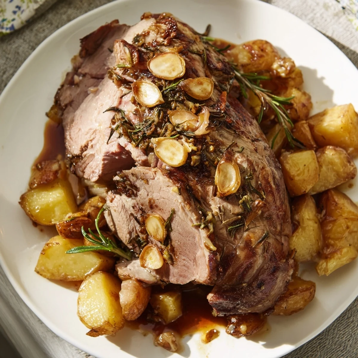Golden crispy potatoes surround a tender Roasted Leg of Lamb with Potatoes in a sizzling pan for a festive meal.