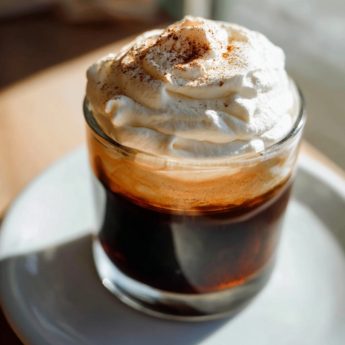 A tall glass of Irish Coffee Mocktail with Whipped Cream beside cinnamon sticks and a coffee bean garnish.