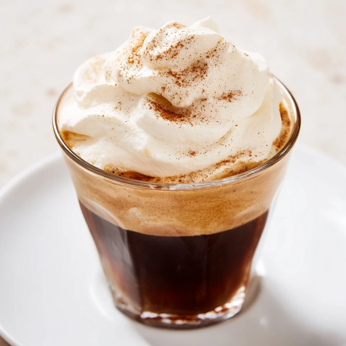 Steaming Irish Coffee Mocktail with Whipped Cream served in a clear glass mug on a wooden table.
