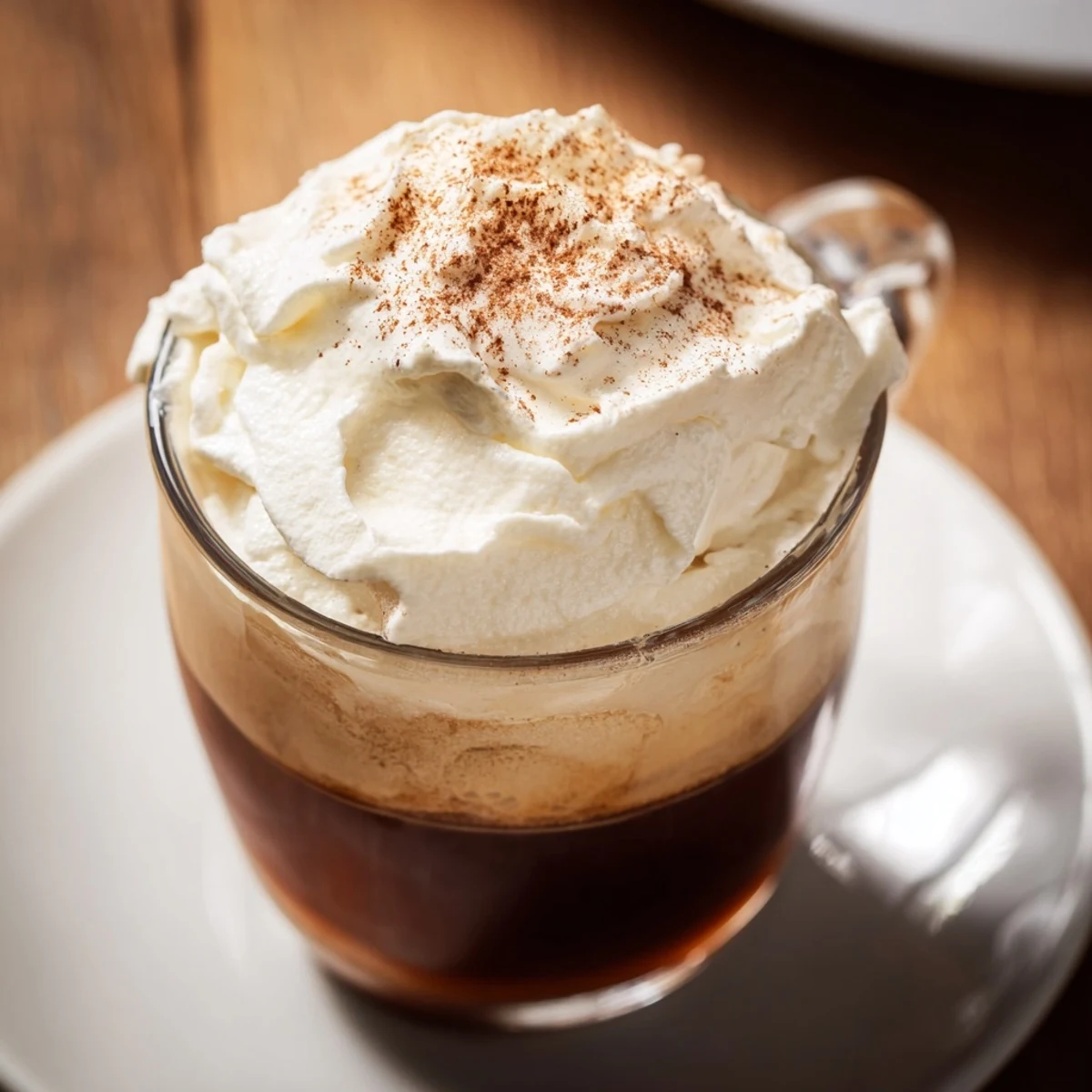 Irish Coffee Mocktail with Whipped Cream topped with a fluffy cream layer and cocoa powder dusting.