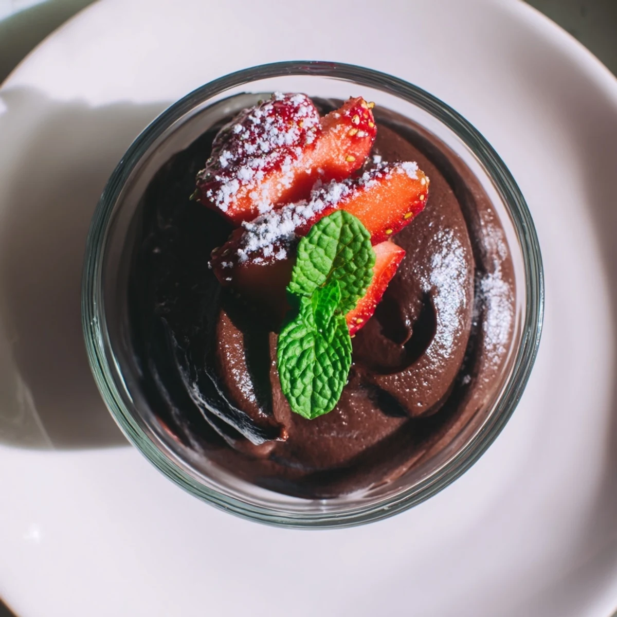 Rich, creamy Chocolate Mousse with Strawberries layered elegantly in a glass, topped with glossy red berries and a mint sprig.