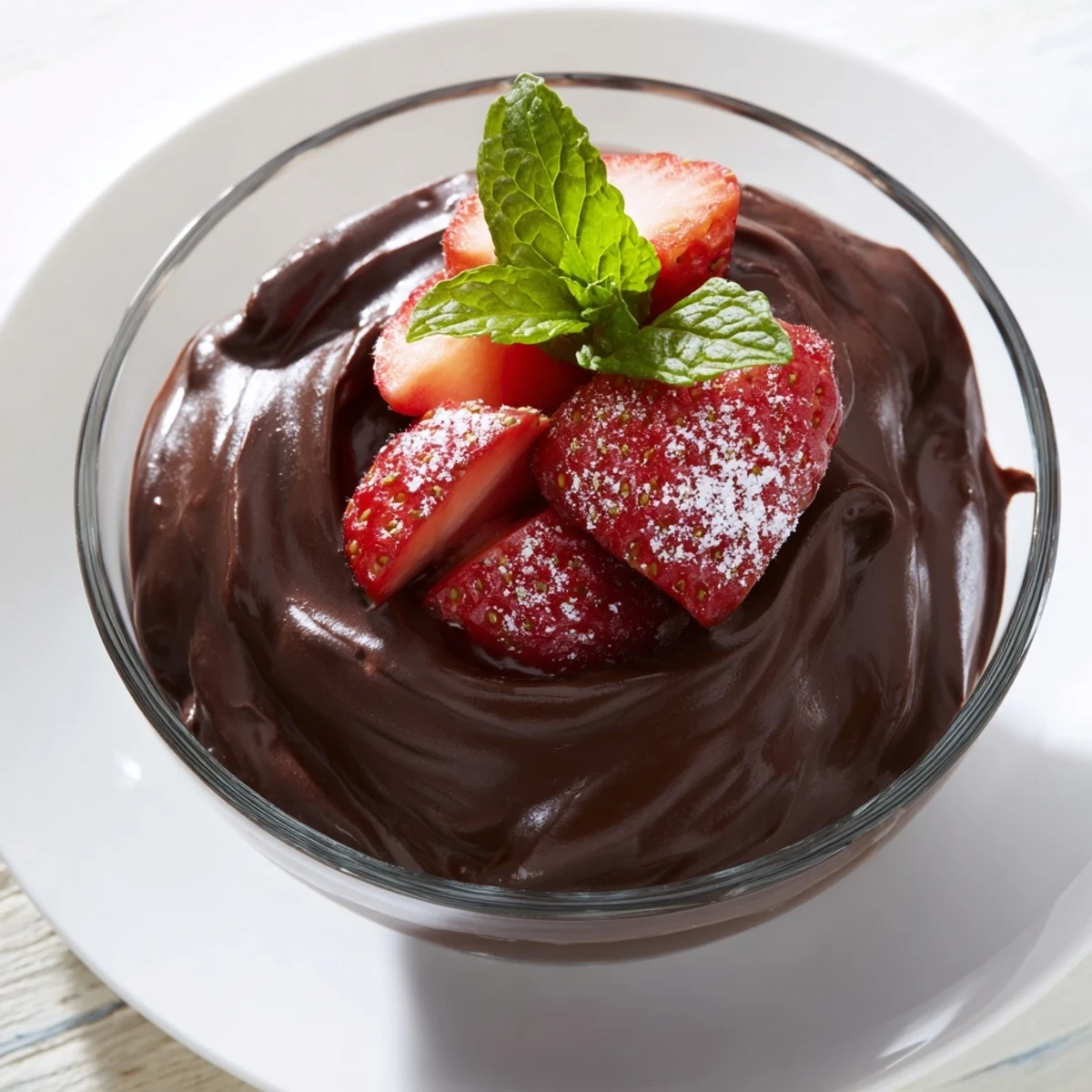 Decadent Chocolate Mousse with Strawberries reveals a silky texture, dark chocolate, and vibrant strawberry halves in a dessert cup.