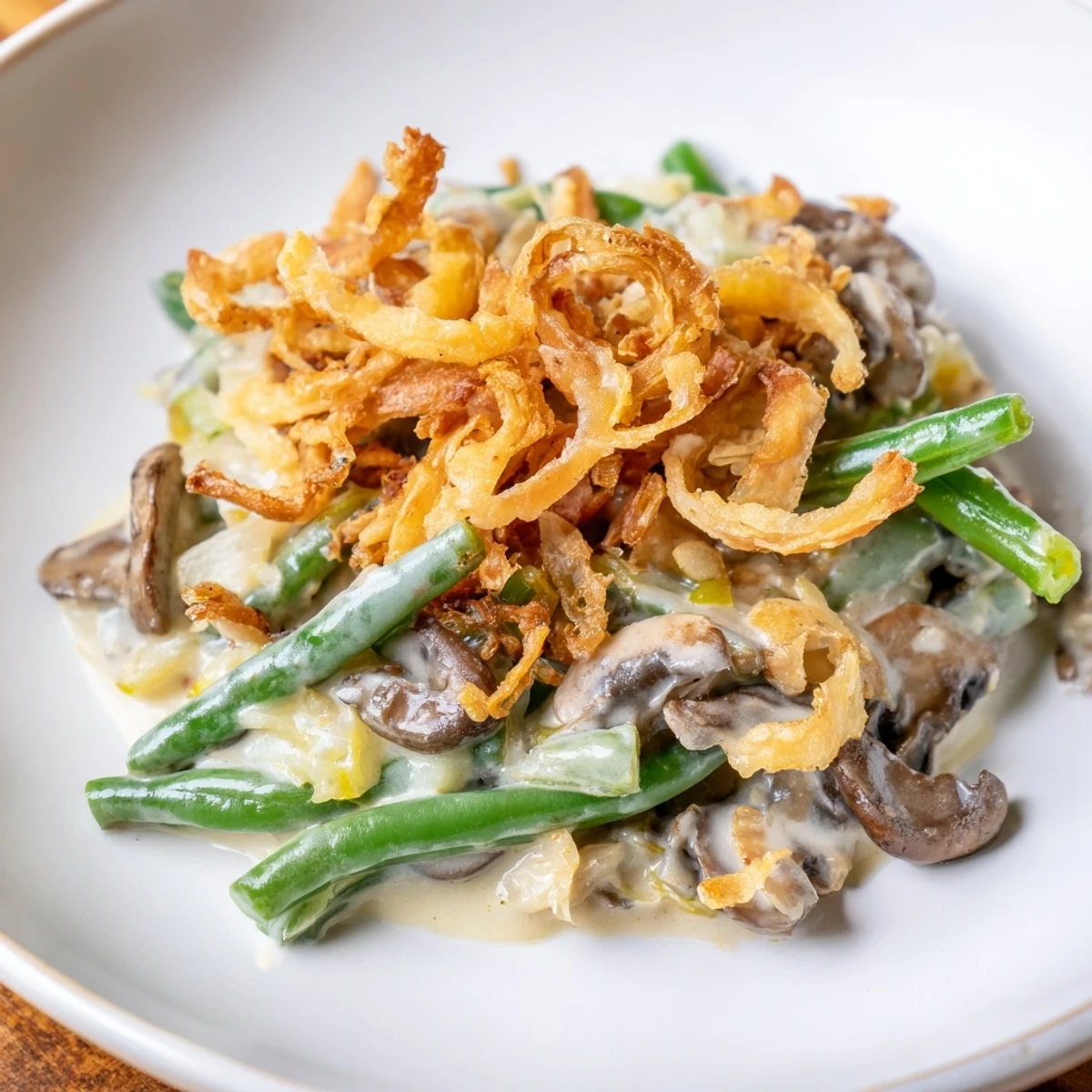 Golden brown crispy fried onions cover this bubbling Green Bean Casserole with Crispy Onions, a classic American side dish.