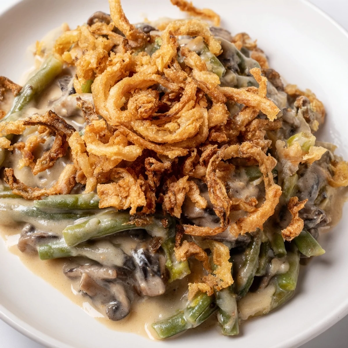 A close-up of Green Bean Casserole with Crispy Onions shows creamy mushroom sauce and tender green beans in a baking dish.