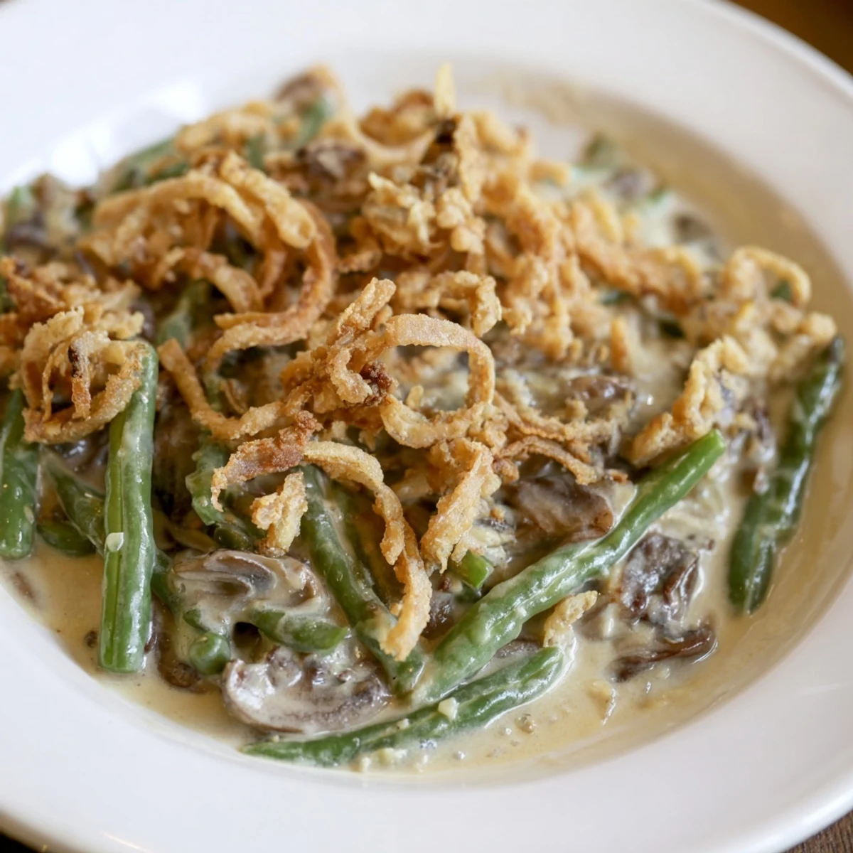 Freshly baked Green Bean Casserole with Crispy Onions served in a dish, ready for a holiday dinner table.