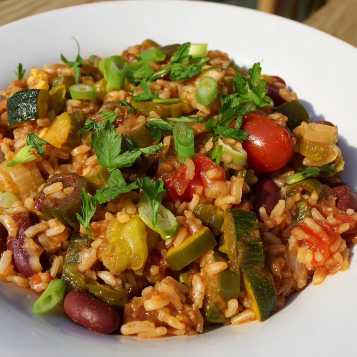 This bowl of Mardi Gras Veggie Jambalaya offers a spicy, savory aroma, garnished with fresh parsley and green onions.