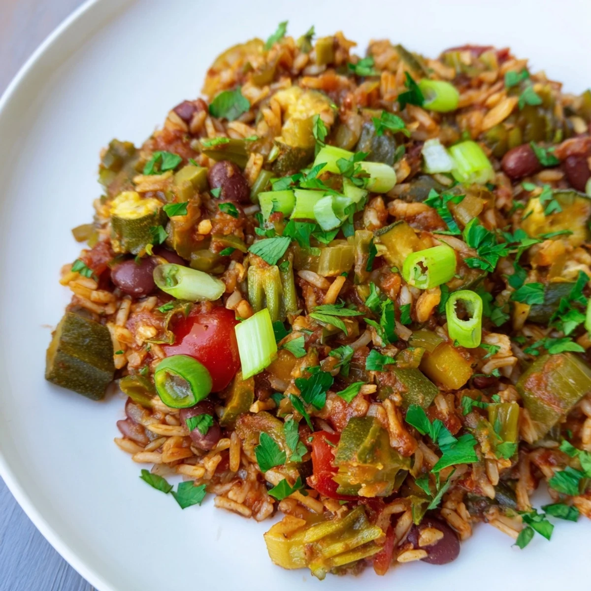 A close-up of Mardi Gras Veggie Jambalaya in a pot, featuring red beans, green peppers, and fluffy rice.