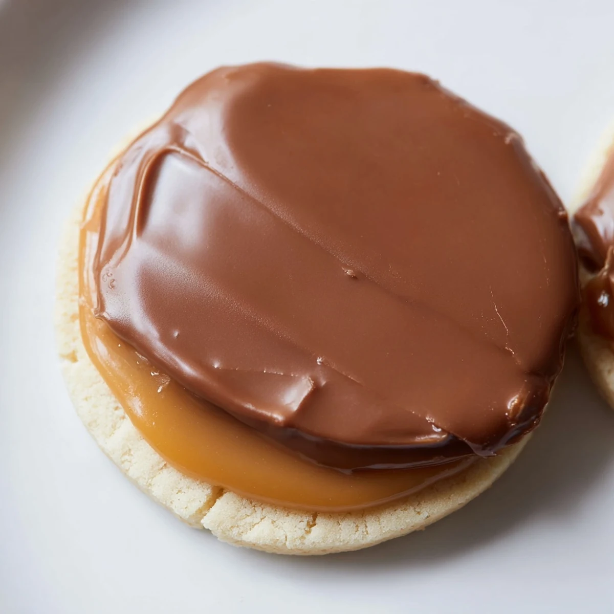 Freshly baked Twix Cookies stacked on a wooden board, showing the buttery shortbread and caramel filling. 