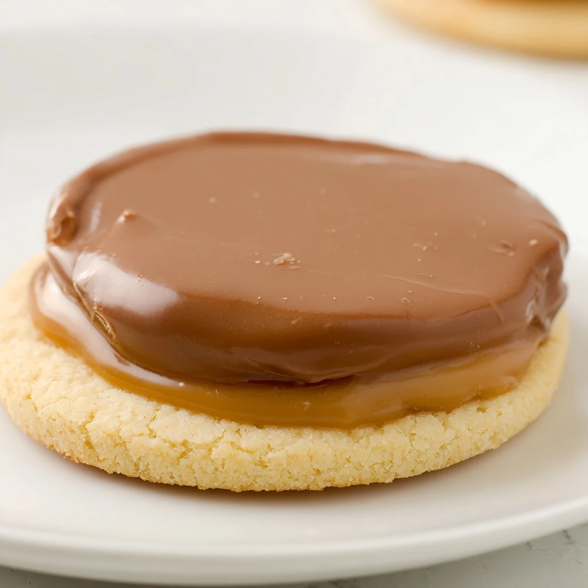 Golden-brown Twix Cookies with a creamy caramel layer and shiny milk chocolate topping on a plate. 