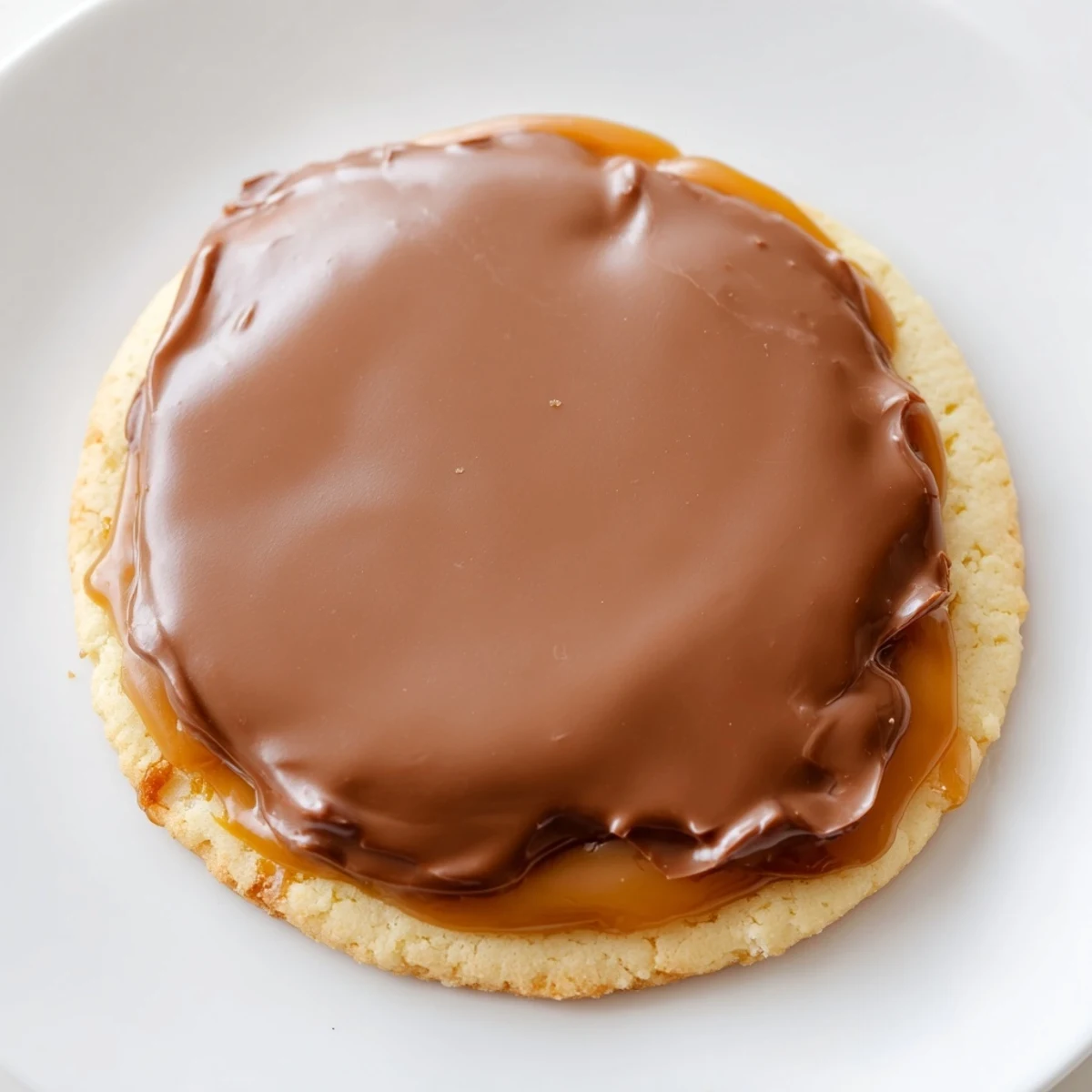 Close-up of Twix Cookies with melted milk chocolate drizzle over caramel and shortbread for an indulgent treat.