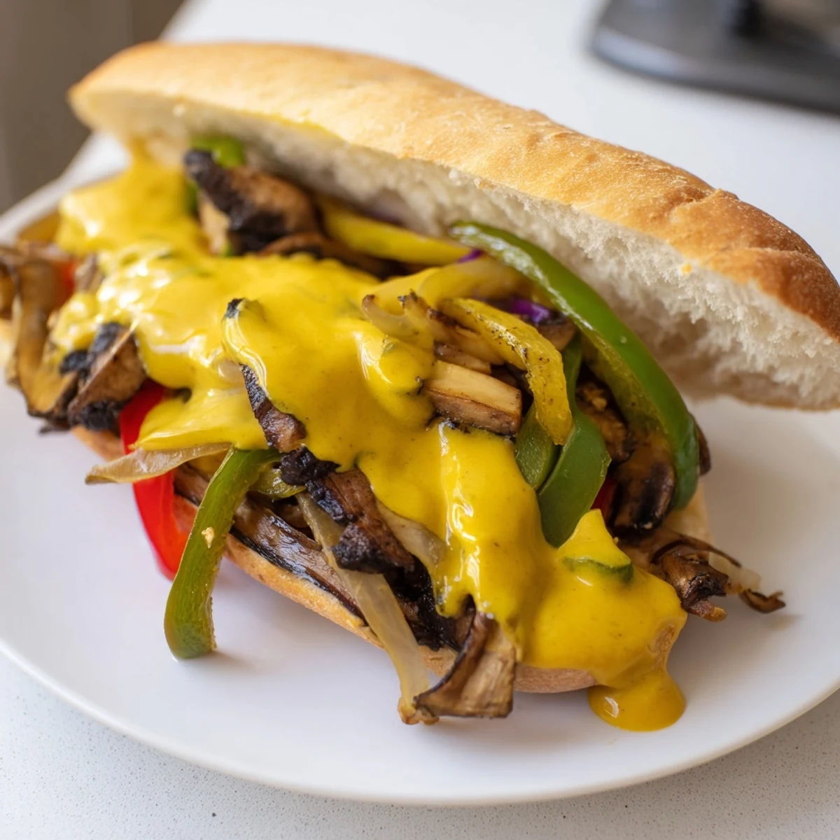 Golden toasted hoagie rolls cradling a hearty vegan Philly cheesesteak filled with savory mushrooms, peppers, and onions.