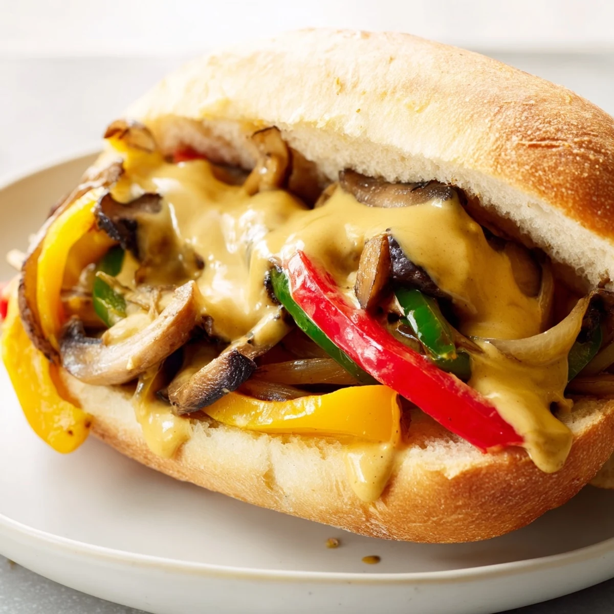 Melted vegan cheese sauce drizzled over a sizzling skillet of sautéed portobello mushrooms and bell peppers in hoagie rolls.